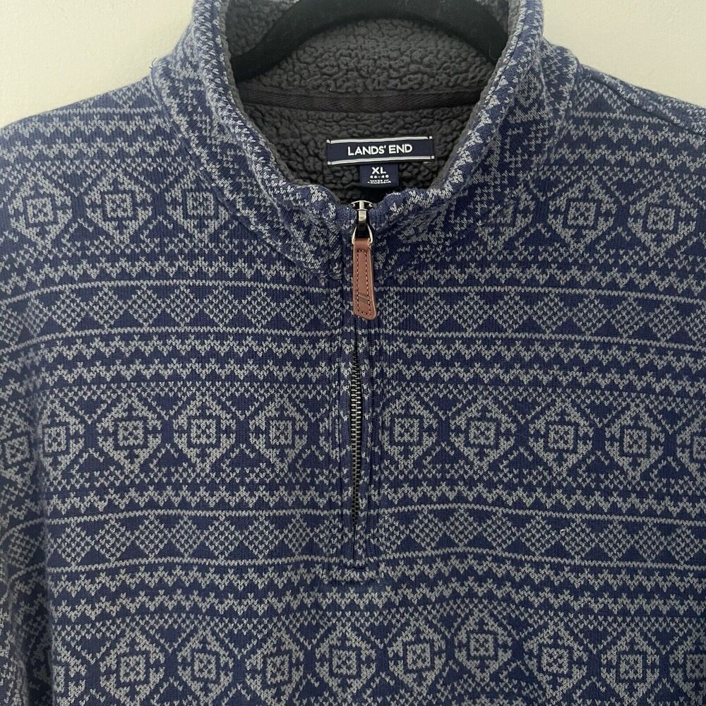 Lands End Mens 1/4 Zip Sweater Blue Fair Isle Print Sz XL - Picture 3 of 12